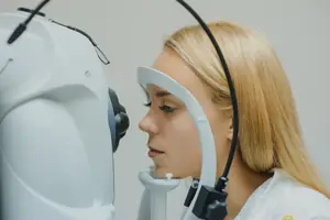 A woman having her eye exam at North Coast Eye Care in Avon, OH