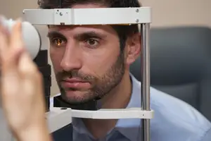 A man is having his eye examined by an optometrist using an ophthalmoscope.