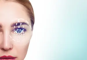 A woman is having her vision tested using an eye chart in a clinic.
