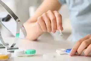 Close up of a woman placing a contact lens into a container.