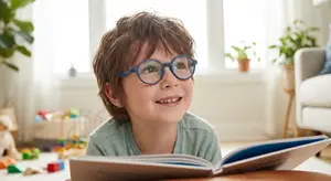 a smiling young boy with glasses reading a book