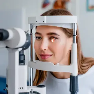 A woman is looking through an eye exam machine in a room