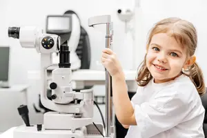 A young girl is having her eyes examined by a doctor using a slit lamp in a hospital.