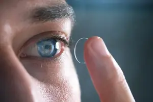 A man is holding a contact lens near his eye, possibly preparing to put it in.