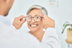 An elderly woman smiles as she adjusts her glasses with a man in a white shirt behind her in a medical office