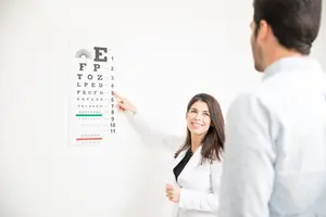 A woman in a white coat is pointing at an eye chart with a man in a white shirt standing in front of her.