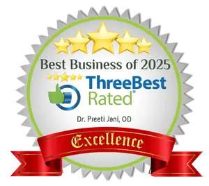 ThreeBestRated logo with Dr. Preeti Jani, OD 2025 Best Business award