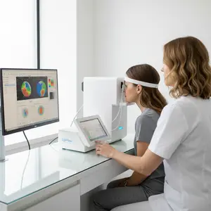 Woman sitting in a chair wearing a white headband with a monitor in front of her and a doctor standing next to her. The woman is looking at the monitor and the doctor is looking at the woman.
