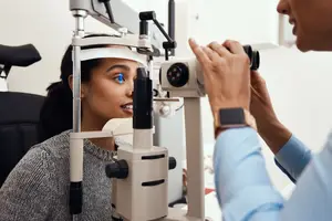 A young woman is getting her eyes examined by a doctor using an ophthalmoscope.