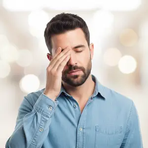 A man with a beard rubbing his forehead with his hand.
