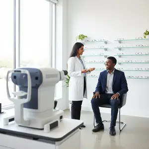 a man is sitting on a chair and talking to an eye doctor in a lab coat