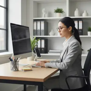 A woman in a gray suit sitting at a desk with a computer monitor and keyboard, wearing glasses and a ponytail, with a potted plant and books in the background.