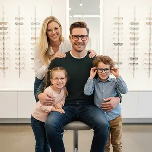 A family, consisting of two children and two adults, is posing for a photo in an optometrist's office.