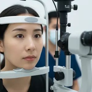 A woman undergoing an eye examination at an optometrist's office, looking into an ophthalmoscope
