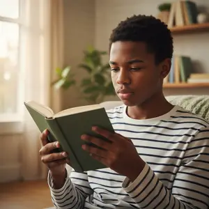 A young Black boy reads a book while sitting on a couch, wearing a white and black striped shirt and holding a book in his hands, with a plant and bookshelf in the background.