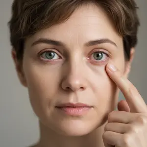 Woman touching her under eye with her finger on a grey background
