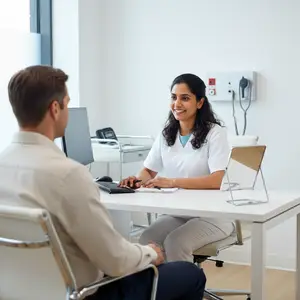 A woman doctor is smiling and typing on a computer while a man sits in front of her.