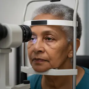 A senior woman wearing a blue shirt looks into an eye exam machine.