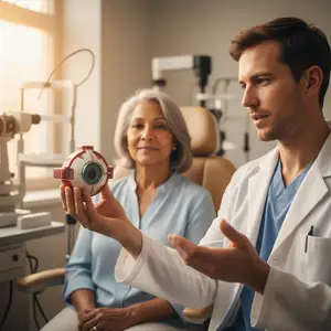 An eye doctor is showing a model of an eye to a patient in a blue shirt.