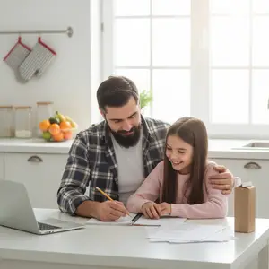 A man and a young girl sitting at a kitchen table working on a laptop