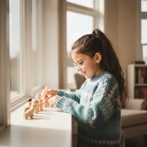 A little girl with glasses playing with wooden figurines on a window sill.