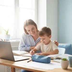 a woman and boy sitting at a desk, the boy is writing