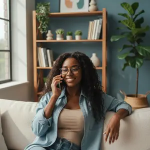 a smiling woman wearing glasses is sitting on the couch and talking on the phone