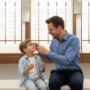 A father is helping his son adjust his glasses at an optical shop.