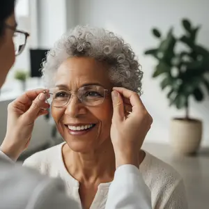 African American woman with gray curly hair wearing glasses and smiling as a doctor helps her try them on