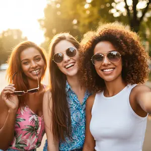 Three women in sunglasses smile for a selfie