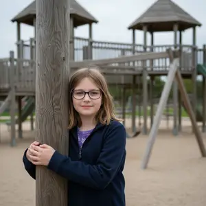 girl hugging a pole at a playground