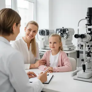 A young girl is sitting at a desk in a doctor's office, holding a pen and looking at a clipboard with an optometrist or doctor beside her.