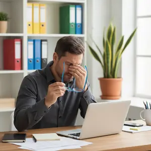A man adjusting his glasses while sitting at a desk in an office