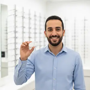 A man in a blue shirt holds up a pair of white glasses in front of a row of eyeglass frames in an optometrist office.