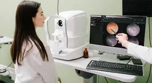 A woman looking into an eye examination machine while a doctor points to an image on the screen