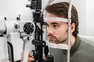A man undergoing an eye exam with a slit lamp and looking at the camera.