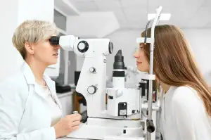 A woman wearing a white lab coat is using an eye examination machine to check the eye of another woman in an indoor setting.