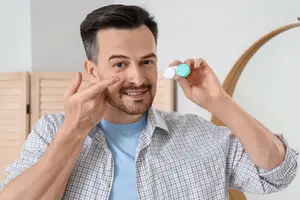 A man is looking at himself in the mirror while holding a contact lens bottle.