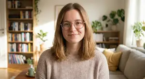 A smiling woman with glasses in a living room with bookshelves and plants