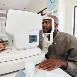 A man is having his eyes checked by an optometrist in an office room