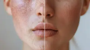A woman's face split into two sections showing before and after applying makeup