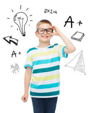 A smiling boy wearing glasses and a striped shirt stands with his hands on his head, looking up at a white wall with educational drawings including a light bulb, math equations, a book, and a triangle.