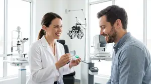An optometrist in a white lab coat is holding a small container and smiling at a man in a blue shirt.