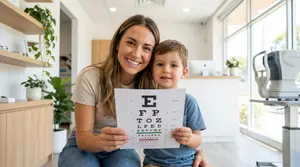 Woman and boy looking at a vision test chart