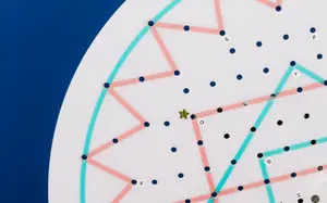 A map with blue and pink lines connecting dots and letters, labeled with 'E', 'P', 'Y', 'B', and 'H', and a star symbol in the center.