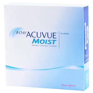 A box of 1-Day Acuvue Moist contact lenses displayed against a black background