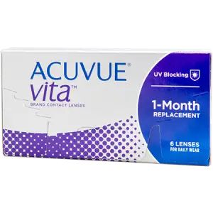 A box of Acuvue Vita UV Blocking contact lenses for daily wear with six lenses inside