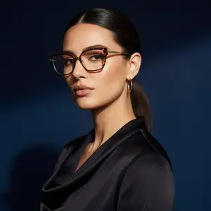 A woman with glasses and a black dress