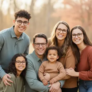 A family of five is smiling and posing for a portrait in a park with a baby in the middle.
