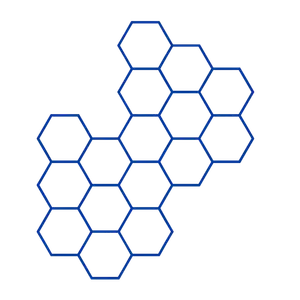A hexagonal pattern consisting of six blue hexagons arranged in a row with the last hexagon having a smaller size